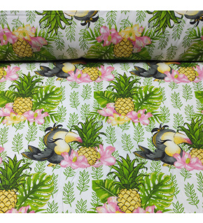 Cotton fabric 100% cotton, 125 g/m², width 160 cm, parrot and pineapple on white