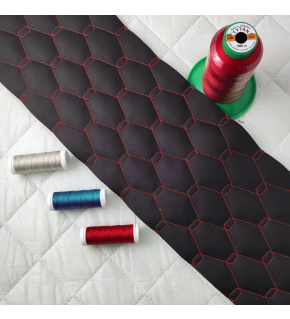 Eco-leather GEO color black quilted with red threads, faux leather by the meter