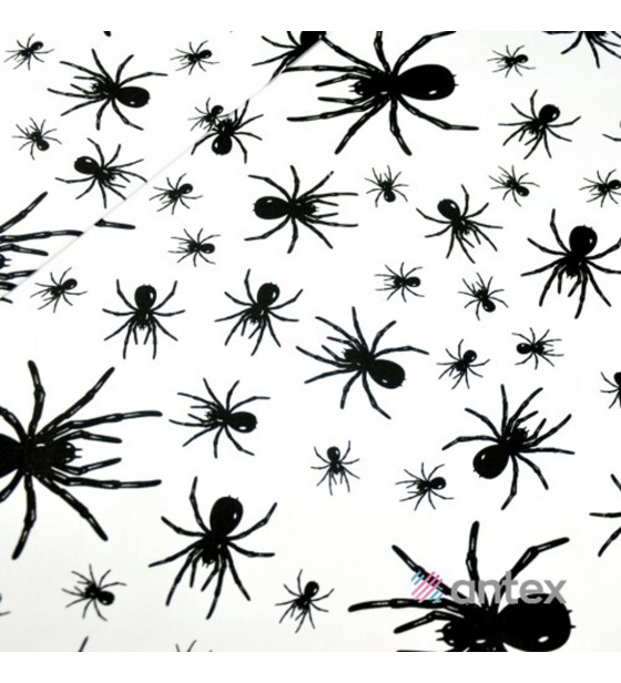 Cotton fabrics, by the meter. Spiders on White