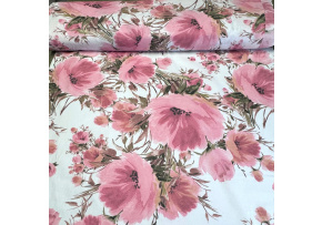 Cotton Fabric Flowers Pink on White, width 160 cm