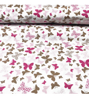 Cotton fabrics, by the meter. Pink Butterflies on White
