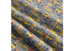 Children's cotton fabric by the meter Construction Machines Gray-Yellow on White