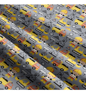 Children's cotton fabric by the meter Construction Machines Gray-Yellow on White
