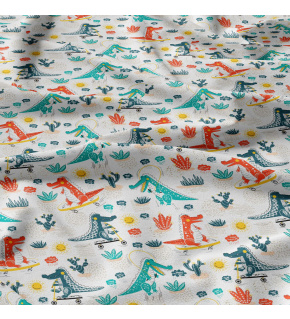 Children's cotton fabric by the meter Happy Crocodiles Red on White
