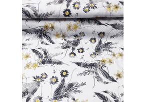 Cotton Fabric Flowers Grey and Yellow on White