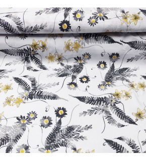 Cotton fabric 100% cotton, 125 g/m², width 160 cm, gray and yellow flowers on white