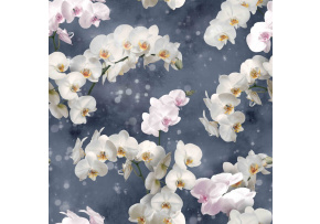 Velvet upholstery fabric with print, White Orchids on Grey
