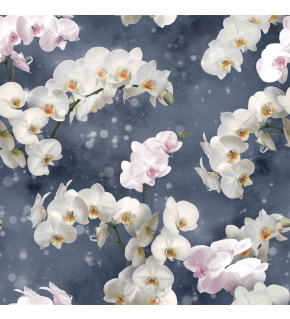Velvet upholstery fabric with print, White Orchids on Grey
