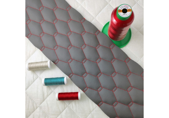 Eco-leather GEO color Gray - Red quilted with threads 1.45 m x 0.77 m