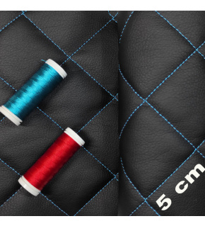 Quilted eco-leather 5×5 cm, black, turquoise threads, by the meter, width 145 cm