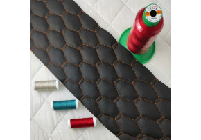 Eco-leather GEO color Black quilted with Orange threads, faux leather by the meter