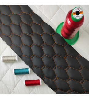 Eco-leather GEO color black quilted with orange threads, faux leather by the meter