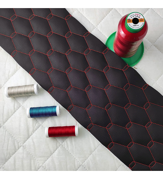 33Eco-leather GEO black color quilted with red threads, 1.45 m x 0.7 m