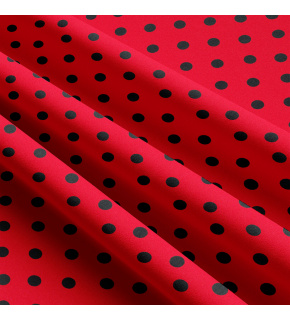 Children's cotton fabrics, by the meter. Dot 10 mm, black on Red