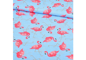 Cotton fabrics, by the meter. Flamingo on Blue