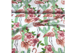 Cotton fabric, by the meter Flamingo on White