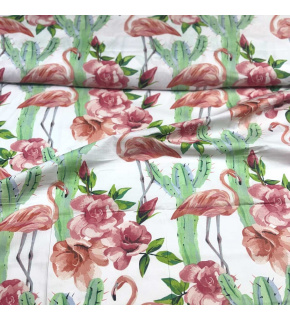 Cotton fabric, by the meter Flamingo on White