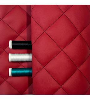 Quilted eco-leather 5×5 cm, red, black threads, by the meter, width 145 cm