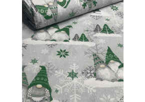 Christmas cotton fabric, by the meter, width 160 cm, Green Elves on Gray