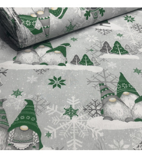 Christmas cotton fabric, by the meter, width 160 cm, Green Elves on Gray Christmas cotton fabric, by the meter, width 160 cm, Green Elves on Gray