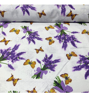 Cotton fabric 100% cotton, 125 g/m², width 160 cm, lavender flowers and butterflies