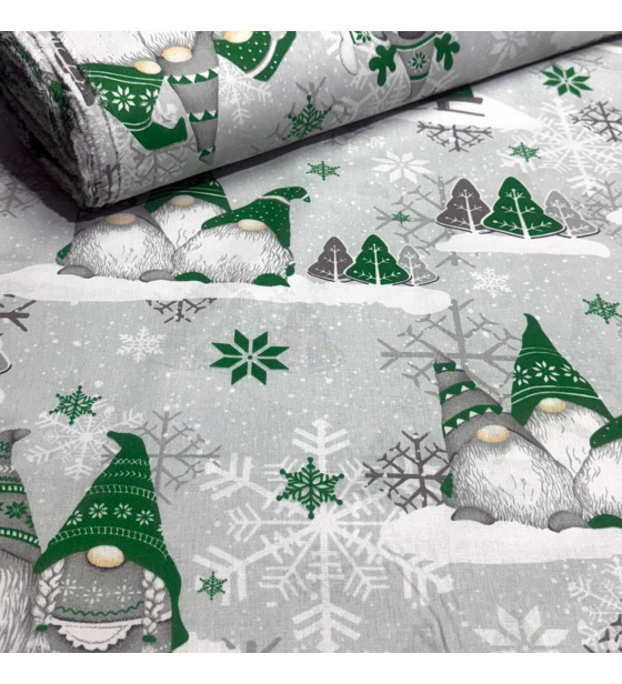 Vánoční bavlněná látka, metráž, šíře 160 cm, Skřítci Tm.Zelené na Šedém