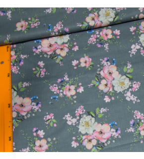 Cotton fabric 100% cotton, 125 g/m², width 160 cm, pink apple blossom on gray