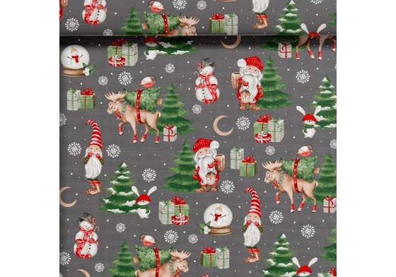 Christmas cotton fabric, by the meter, width 160 cm, Snowman on Grey