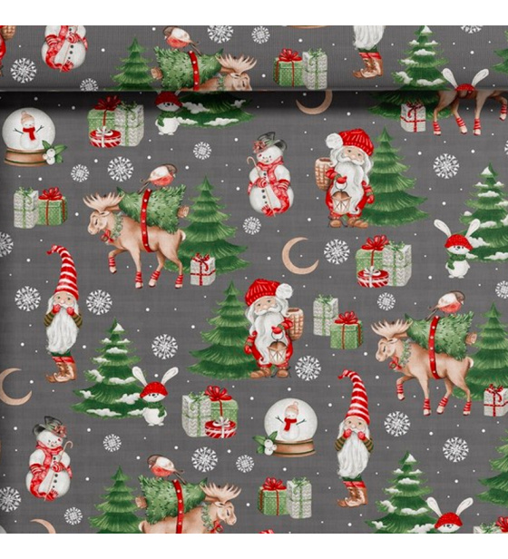 Christmas cotton fabric, by the meter, width 160 cm, Snowman on Grey