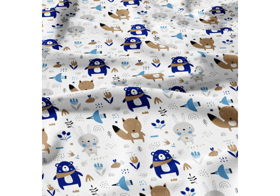 Bavlněné látky, metráž. Zvířátka Modrá na Bílém 