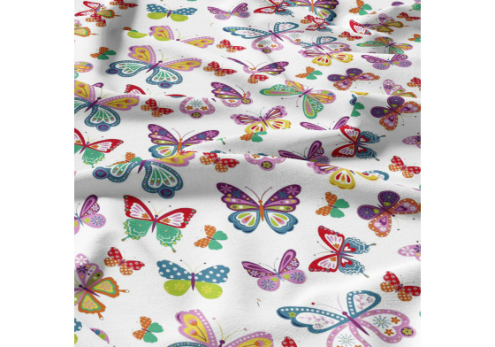 Bavlněné látky, metráž. Motýlci barevné na bílém