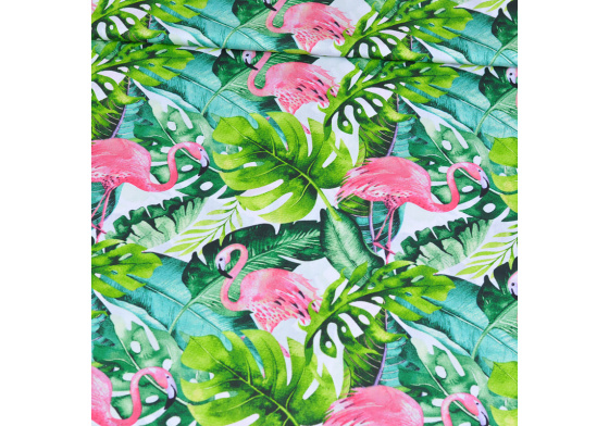 Dekorační dětská bavlněná látka vzor Plameńáci na listech