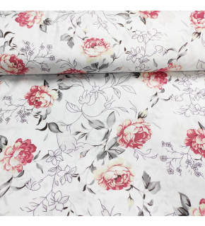 Cotton fabric 100% cotton, 125 g/m², width 160 cm, red-yellow flowers on white Cotton fabric 100% cotton, 125 g/m², width 160 cm, red-yellow flowers on white