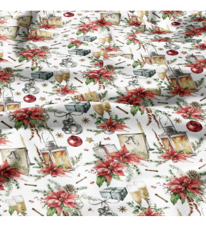 Christmas cotton fabric, by the meter, width 160 cm, Lamp and Glasses