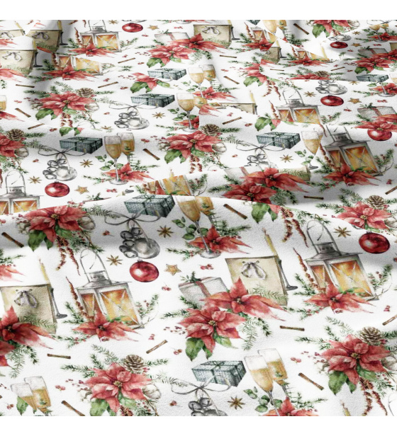 Christmas cotton fabric, by the meter, width 160 cm, Lamp and Glasses