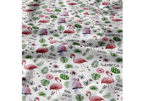 Cotton fabrics, by the meter. Flamingo and Green Leaves on White
