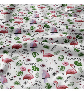 Cotton fabrics, by the meter. Flamingo and Green Leaves on White