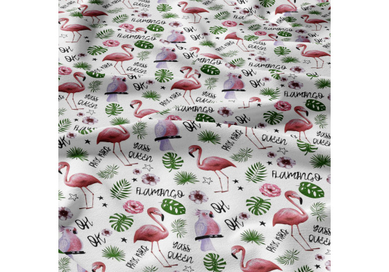 Cotton fabrics, by the meter. Flamingo and Green Leaves on White