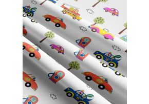Children's cotton fabric by the meter Car mix on White