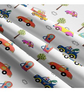 Children's cotton fabric by the meter Car mix on White
