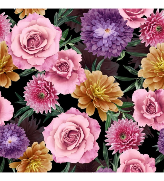 Velvet upholstery fabrics with print, Roses and chrysanthemums