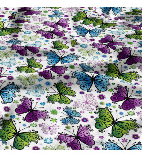 Cotton fabric, by the meter. Butterflies Summer on White