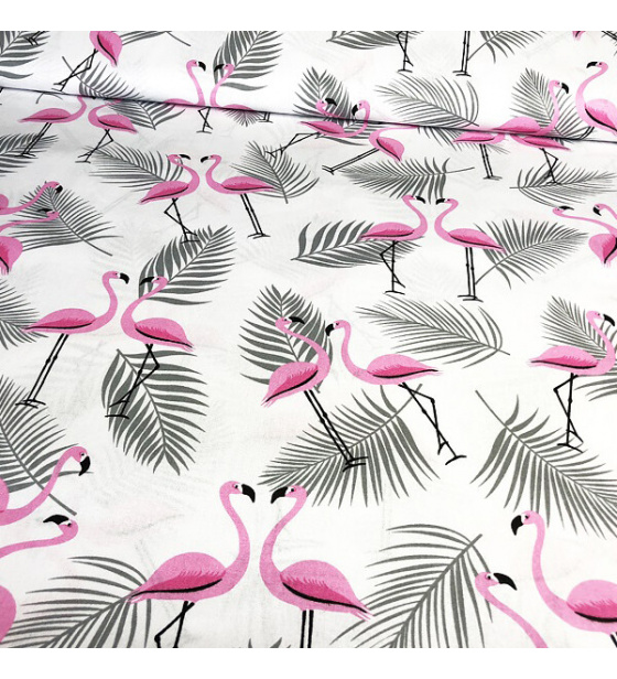 Cotton fabric, by the meter. Flamingo Leaves Grey