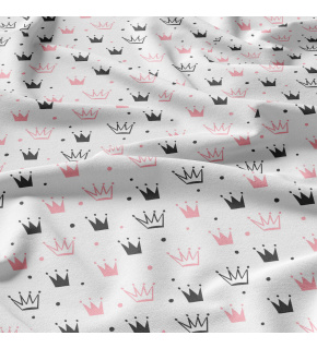 Children's cotton fabric 100% cotton, 125 g/m², width 160 cm, pink crowns on white Children's cotton fabric 100% cotton, 125 g/m², width 160 cm, pink crowns on white