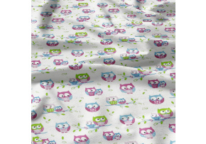 Cotton fabrics, by the meter. Owls Pink on White