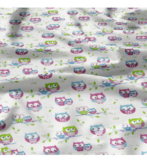 Cotton fabrics, by the meter. Owls Pink on White
