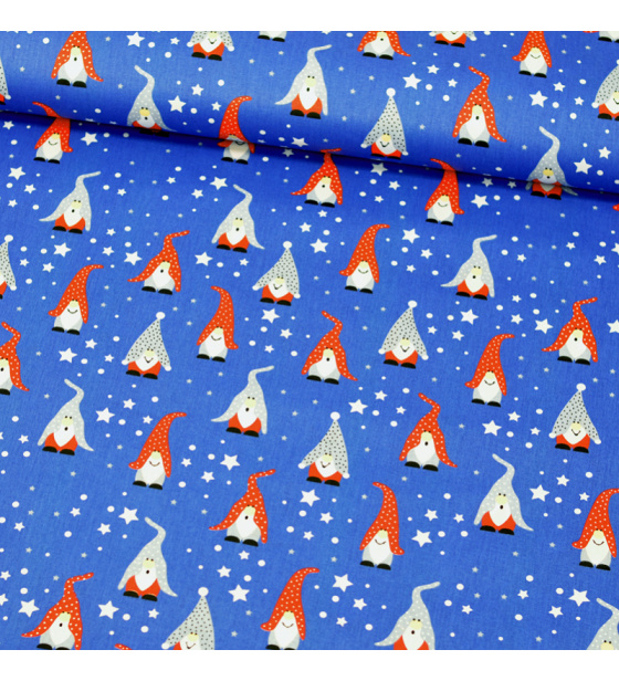 Christmas cotton fabric, by the meter, width 160cm, Gnomes on Blue