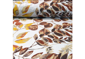 Cotton Fabric Leaves Brown and Yellow on White