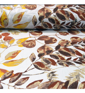 Cotton fabric 100% cotton, 125 g/m², width 160 cm, brown and yellow leaves on white