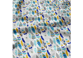 Decorative cotton fabric, by the meter, Blue Feathers on White